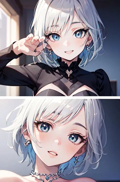 a sexy girl, white hair, in mini lingerie, in school, selfie, smile, multiple views, ray tracing, from above, fisheye, close-up, 16k, 8k, highres, best quality, award winning, high quality, high details, super detail, textured skin, anatomically correct, masterpiece