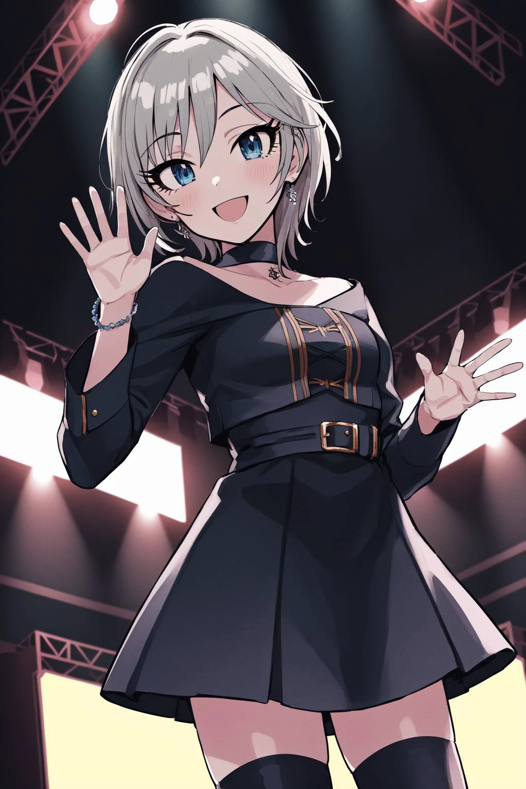 masterpiece, best quality, highres, 1girl, solo, anastasia (idolmaster), idolmaster cinderella girls, blue eyes, short hair, grey hair, black dress, (on the stage), waving, cowboy shot, , <lora:anastasia_(idolmaster)_v1-000005:0.7>, smile, upper_body,