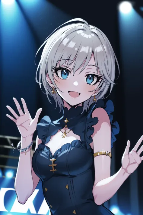 masterpiece, best quality, highres, 1girl, solo, anastasia (idolmaster), idolmaster cinderella girls, blue eyes, short hair, grey hair, black dress, (on the stage), waving, cowboy shot, , <lora:anastasia_(idolmaster)_v1-000005:0.7>, smile, upper_body,