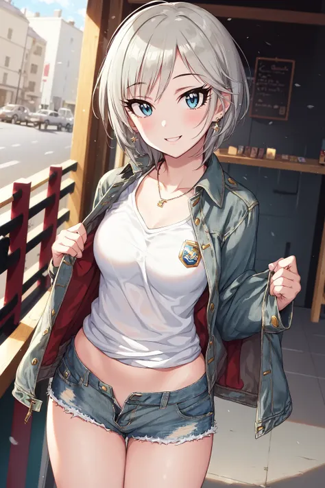 masterpiece, best quality, highres, 1girl, solo, anastasia (idolmaster), idolmaster cinderella girls, blue eyes, shorts, short hair, grey hair, jacket, shirt, short shorts, cowboy shot, denim jacket, <lora:anastasia_(idolmaster)_v1-000005:0.7>, smile, upper_body,