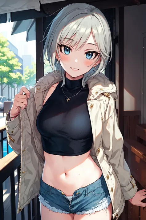 masterpiece, best quality, highres, 1girl, solo, anastasia (idolmaster), idolmaster cinderella girls, blue eyes, shorts, short hair, grey hair, jacket, shirt, short shorts, cowboy shot, denim jacket, <lora:anastasia_(idolmaster)_v1-000005:0.7>, smile, upper_body,