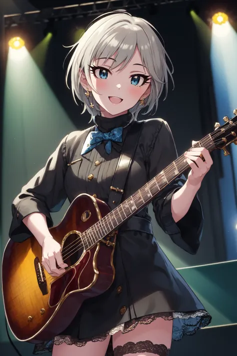 masterpiece, best quality, highres, 1girl, solo, anastasia (idolmaster), idolmaster cinderella girls, blue eyes, short hair, grey hair, black dress, (on the stage), singing, cowboy shot, , <lora:anastasia_(idolmaster)_v1-000005:0.7>, smile, upper_body,