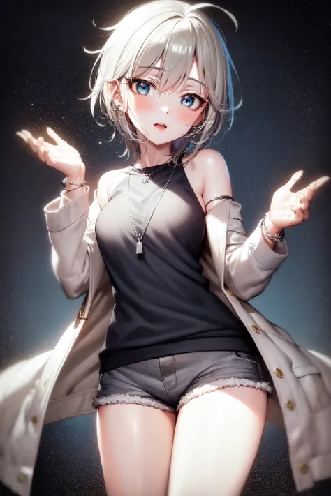 masterpiece, best quality, highres, 1girl, solo, anastasia (idolmaster), idolmaster cinderella girls, blue eyes, shorts, short hair, grey hair, jacket, looking at viewer, shirt, short shorts, cowboy shot, blush, denim jacket, <lora:anastasia_(idolmaster)_v1-000005:0.7>