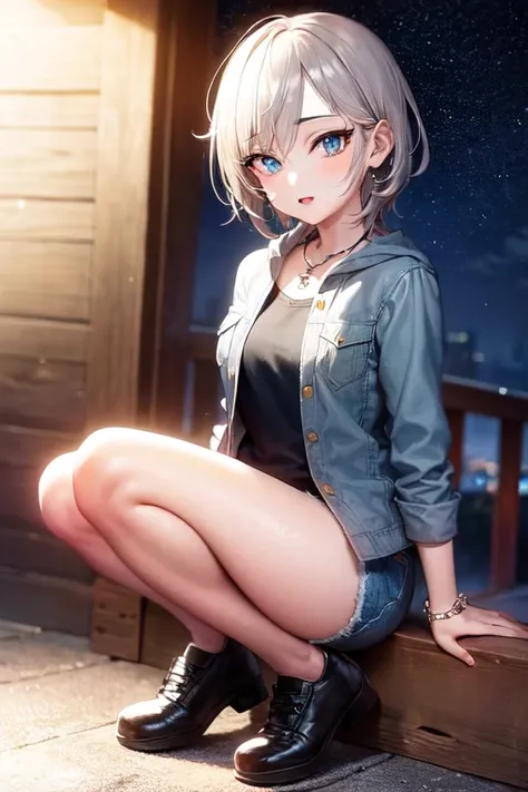 masterpiece, best quality, highres, 1girl, solo, anastasia (idolmaster), idolmaster cinderella girls, blue eyes, shorts, short hair, grey hair, jacket, shirt, short shorts, cowboy shot, denim jacket, shoes, <lora:anastasia_(idolmaster)_v1-000005:0.7>