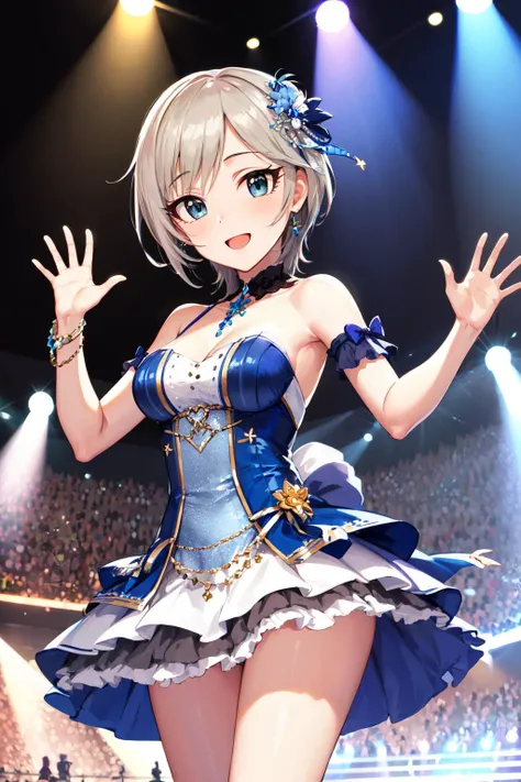 masterpiece, best quality, highres, 1girl, grey hair, short hair, blue eyes, medium breasts, <lora:anastasia_(idolmaster)_v2:0.7>, waving, idol, dress, hair ornament, smile, open mouth, stage, idolmaster cinderella girls,