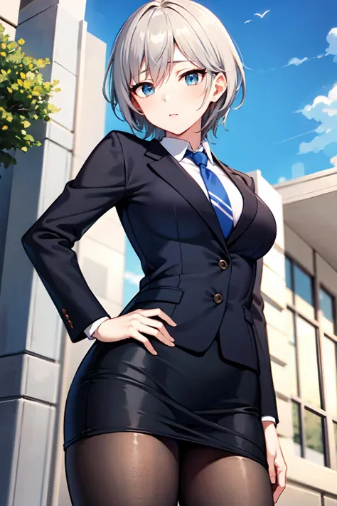 masterpiece, best quality, girl, grey hair, short hair, blue eyes, medium breasts, <lora:anastasia_(idolmaster)_v2:0.7>, office lady, necktie, black suit, pencil skirt, hand on hip, outdoors, thighs, breasts, from below