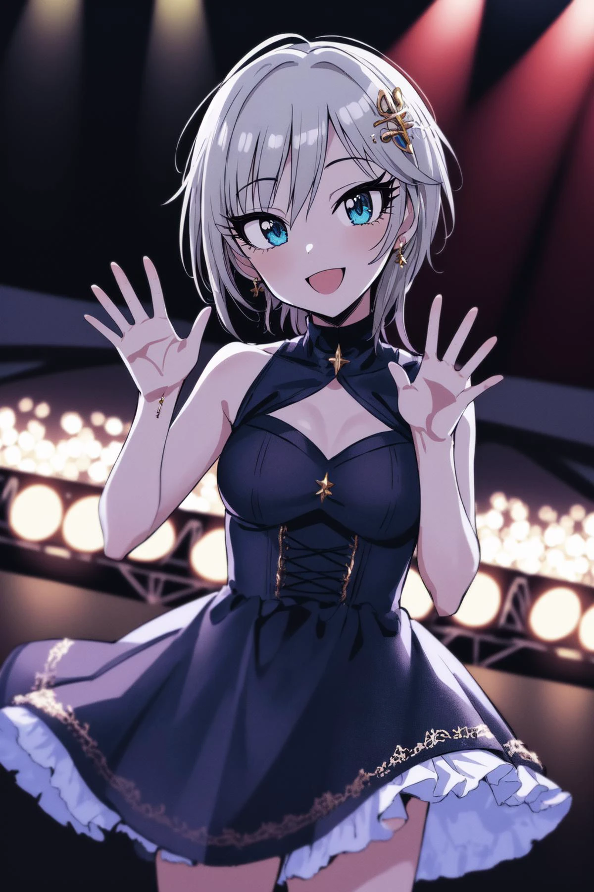 masterpiece, best quality, highres, 1girl, solo, anastasia (idolmaster), idolmaster cinderella girls, blue eyes, short hair, grey hair, black dress, (on the stage), waving, cowboy shot, , <lora:anastasia_(idolmaster)_v1-000005:0.7>, smile, upper_body,