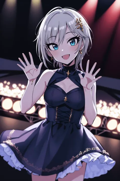 masterpiece, best quality, highres, 1girl, solo, anastasia (idolmaster), idolmaster cinderella girls, blue eyes, short hair, grey hair, black dress, (on the stage), waving, cowboy shot, , <lora:anastasia_(idolmaster)_v1-000005:0.7>, smile, upper_body,