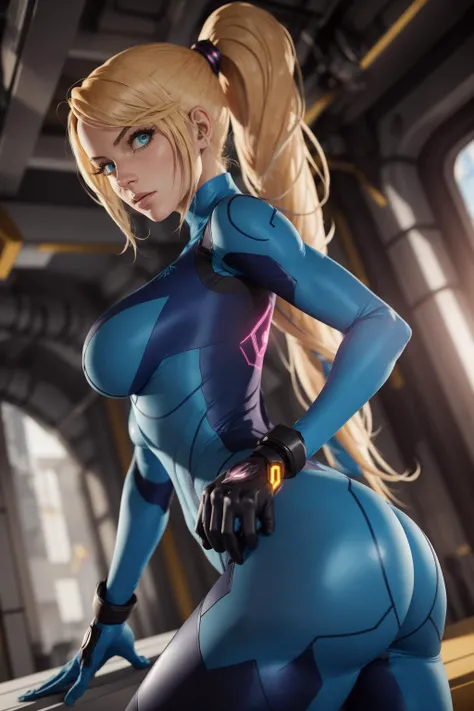 absurdres, best quality, 1girl, solo, eye focus, looking at viewer,   <lora:samus-nvwls-v1:0.9>, samus aran, ponytail, hair tie, blue gloves, blue bodysuit