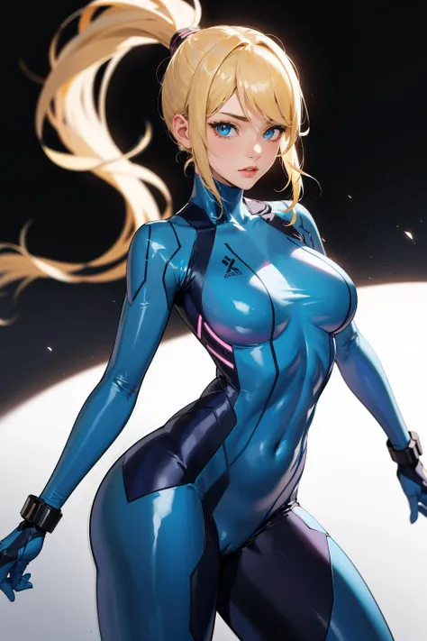 absurdres, best quality, 1girl, solo, eye focus, looking at viewer, <lora:samus-nvwls-v1:0.9>, samus aran, ponytail, hair tie, blue gloves, blue bodysuit