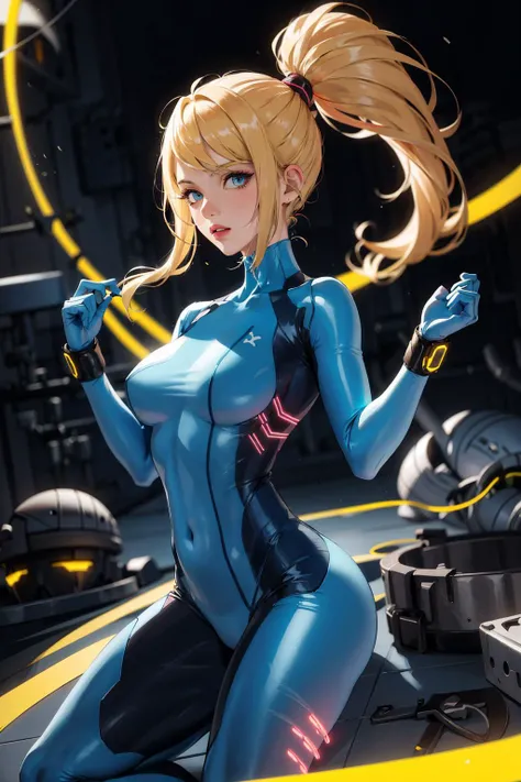1girl, solo, huge boobs, abs, robot tight suit,mecha musume, headgear, mechanical arms, bodysuit, Ayla_CT, long blonde curly hair