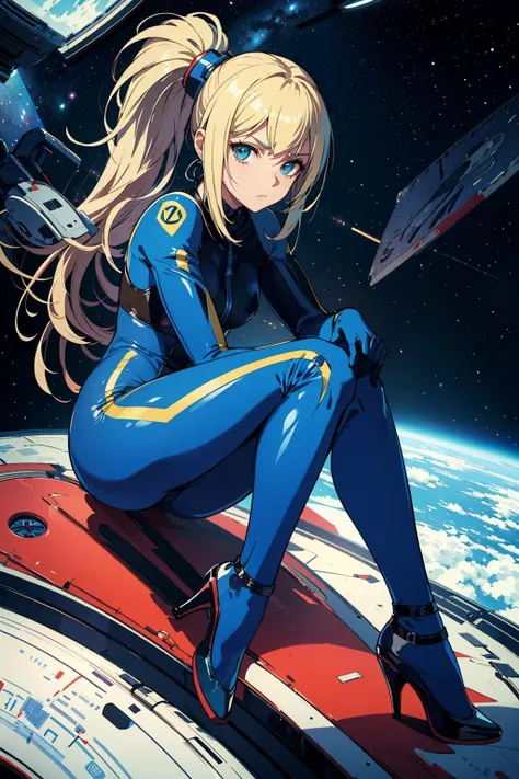 masterpiece, best quality, <lora:marierose-nvwls-v1-000009:0.9> doamarie, twintails, x hair ornament, hair ribbon, <lora:zerosuit-nvwls-v1-final:0.8> zero suit, blue gloves, high heels, night sky, outer space, smile