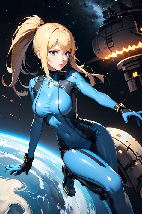 masterpiece, best quality,samus aran,ponytail,hair tie,blue bodysuit, cowboy shot, outer space,(huge breasts,beautiful abs,covered nipples,slim body,Gloss)