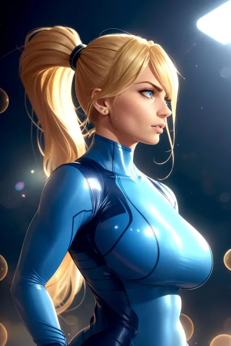 upper body, huge breasts, samus aran, ponytail, hair tie, blue gloves, blue bodysuit, <lora:samus-nvwls-v1:1>, (sharp focus:1.2), portrait, ((posing)), (beautiful face:1.1), detailed eyes, luscious lips, ((skindentation)), (bright studio lighting:1.2), depth of field, bokeh, 4K, HD