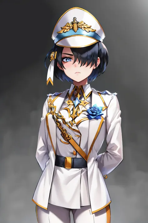 (masterpiece, best quality:1.2), solo, 1girl, htarchangel, expressionless, closed mouth, looking at viewer, arms behind back, hair over one eye, military hat, military uniform, cross, flower, white pants <lora:helltaker_archangel:1.0>