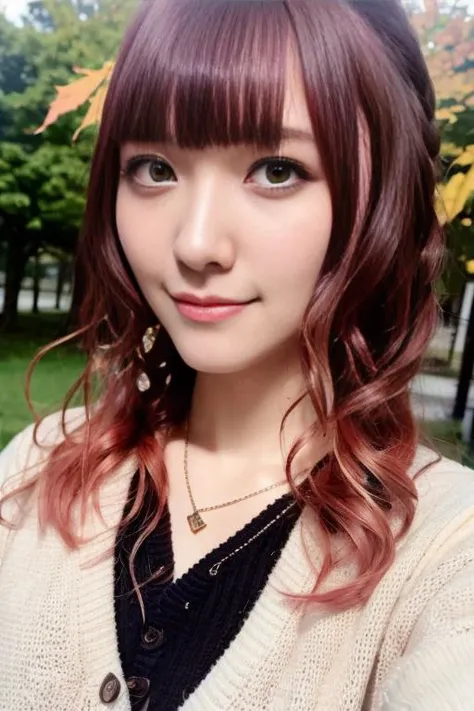 1girl,(wearing autumn outfit and cardigan:1.2),(RAW photo, best quality), (realistic, photo-realistic:1.4), masterpiece, an extremely delicate and beautiful, extremely detailed, 2k wallpaper, Amazing, finely detail, extremely detailed CG unity 8k wallpaper, ultra-detailed, highres, soft light, beautiful detailed girl, extremely detailed eyes and face, beautiful detailed nose, beautiful detailed eyes,cinematic lighting,autumn scenery,perfect anatomy,slender body,smiling,(hair with bangs)  <lora:endoyurika_lora:0.8>