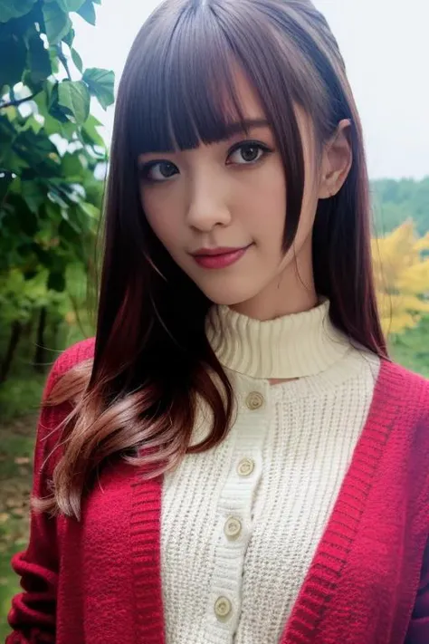 1girl,(wearing autumn outfit and cardigan:1.2),(RAW photo, best quality), (realistic, photo-realistic:1.4), masterpiece, an extremely delicate and beautiful, extremely detailed, 2k wallpaper, Amazing, finely detail, extremely detailed CG unity 8k wallpaper, ultra-detailed, highres, soft light, beautiful detailed girl, extremely detailed eyes and face, beautiful detailed nose, beautiful detailed eyes,cinematic lighting,autumn scenery,perfect anatomy,slender body,smiling,(hair with bangs) <lora:endoyurika_lora:0.8>