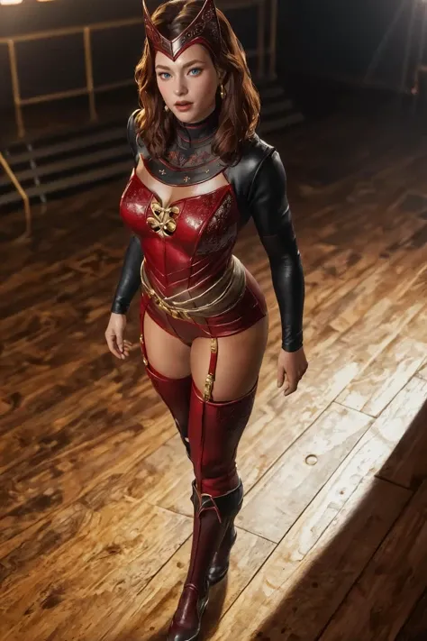 Masterpiece, 55 year old brunette woman, wearing red latex leotards, gold belt, boots, holding a laser gun, arms up, surrendering, realistic., (thick thighs:1.3), (square hips:1.5), (MILF:1.5)