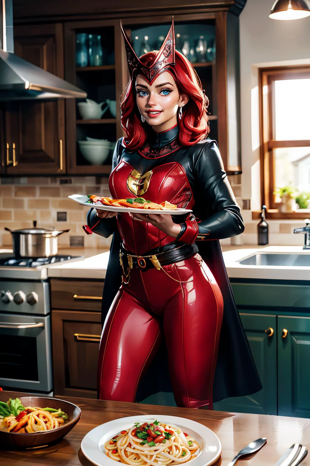 scarletWitch, blue eyes, red hair, bodysuit, belt, jewelry, helmet, earrings, cape, looking at viewer, smiling, teeth, standing, inside cozy kitchen, oven, holding plate of food, spaghetti, warm ambiance, high quality, masterpiece, <lora:scarletWitch:.6>