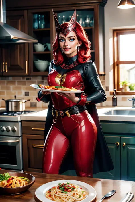 scarletWitch, blue eyes, red hair, bodysuit, belt, jewelry, helmet, earrings, cape,  looking at viewer, smiling, teeth, standing, inside cozy kitchen, oven, holding plate of food, spaghetti, warm ambiance, high quality, masterpiece, <lora:scarletWitch:.6>