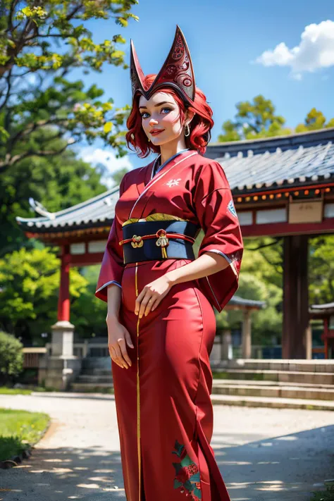 scarletWitch, blue eyes, red hair, helmet, earrings, traditional kimono, sash, long sleeves, looking at viewer, serious, smiling, standing, outside, shrine, temple, trees, blue sky, high quality, masterpiece, <lora:scarletWitch:.6>