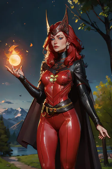 scarletWitch, blue eyes, red hair, bodysuit, belt, jewelry, helmet, earrings, cape, looking at viewer, serious, standing, hand, holding red energy spell, red aura, outside, park, trees, mountain, night time, high quality, masterpiece, <lora:scarletWitch:.7>