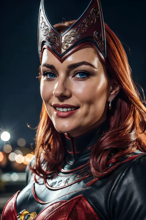 scarletWitch, blue eyes, red hair, bodysuit, belt, jewelry, helmet, earrings, cape, looking at viewer, smiling, close up, outside, cityscape, bokeh, night time, high quality, masterpiece, <lora:scarletWitch:.6>