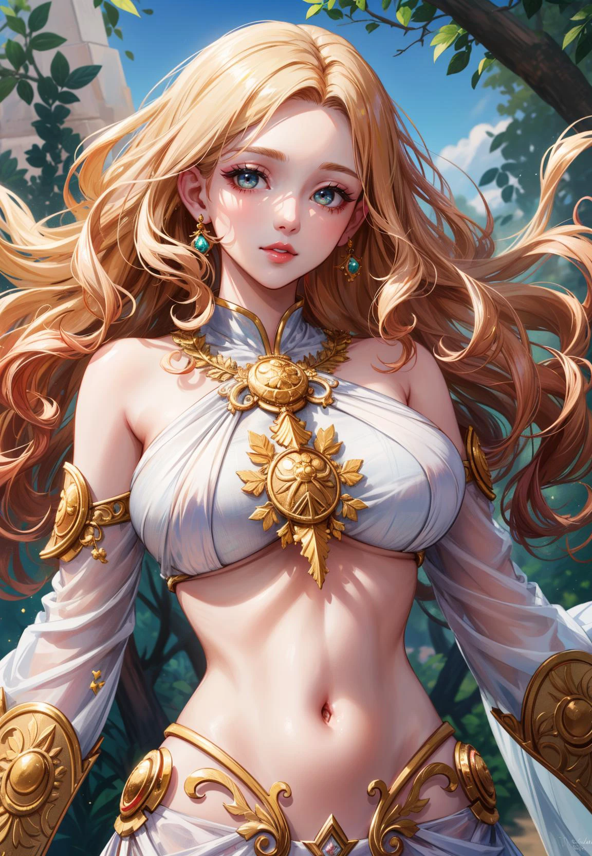 (masterpiece:1.5), (((top quality, best quality, high quality))), ((intricately detailed, ultra-detailed, insanely detailed)), highres, 32K, extremely detailed unity CG 8K wallpaper, (beautiful and aesthetic:1.2),, (depth of field:1.3), (immaculate:1.3), (professional delicate depiction:1.5), (illustration:1.4),
((brilliant full lighting, luscious colors)),  (elegant posture:1.3), (looking at viewer:1.5),
(upper body:1.37),
(1girl:1.4), (mature female:1.4), (Greek maiden:1.5), 
beautiful gorgeous face, [(detailed face:1.2):0.2], bright big eyes, pureerosface_v1, ulzzang-6500-v1.1, (full lips:1.4), (glossy lips:1.4), (sincere expression:1.5), (light smile:1.4), (curly hair:1.5), (blonde hair:1.3),
attractive flawless body, ((amazing body features and measurements)), bright glistening skin, realistic skin, skin pores, (((toned belly, detailed navel, groin:1.3))),
(luxurious translucent clothes:1.5), ((ancient greek clothes, <lora:AncientGreekClothes:0.75>):1.5),
(long flowing sleeves:1.4), (laurel embroideries:1.4), (fabrication glitters:1.5), (luxury intricate clothing jewelries), (twinkling clothing sprinkles:1.4), (clothing sparkles:1.4), (sparkling particles:1.3), (((low seam))), (((identical))) earrings, armlets, (((laurel wreath))), 
(standing in a Greek temple full of marble sculptures:1.5), (huge eucalyptus trees:1.5), (fantasy:1.5), (well-trimmed bushes of olive vines:1.5), (grapevines:1.5), (surreal breathtaking scenery:1.5),  (magnificent landscape:1.5), (intricate complex background:1.5),  (bright brilliant backlighting:1.3), <lora:GoodHands-vanilla:1>, <lora:detail_slider_v4:1.5>, <lora:more_details:0.5>