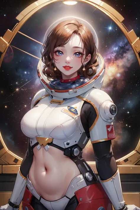 (masterpiece:1.5), (((top quality, best quality, high quality))), ((intricately detailed, ultra-detailed, insanely detailed)), highres, 32K, extremely detailed unity CG 8K wallpaper, (beautiful and aesthetic:1.2),, (depth of field:1.3), (immaculate:1.3), (professional delicate depiction:1.5),
((brilliant full lighting, luscious colors)),  (elegant willowy posture:1.3), (looking at viewer:1.5),
(upper body portrait),
((illustration of a beautiful woman)),
(astronaut:1.4), (milf:1.4), (solo:1.4),
beautiful gorgeous face, [(detailed face:1.2):0.2], (clean face:1.5), bright big eyes, pureerosface_v1, (red lips:1.4), (full puffy lips:1.4), (proud smile:1.5), (tied-up hair:1.5), (parted bangs:1.4),
attractive flawless body, ((amazing body features and measurements)), bright glistening skin, realistic skin, skin pores, (((toned belly, navel, groin:1.3))), narrow waist, (((rectus abdominis, plump))),
(heavy robotic spacesuit:1.5), (space helmet:1.5), (long sleeves:1.5),  (exoskeleton:1.5), (((low seam:1.4))), (((identical earrings, armband))), 
(outer space:1.5), (milky way:1.5), (vast universe:1.5), (fantasy and surrealism:1.5), (hyperrealism:1.5), (intricate complex background:1.5),  (breathtakingly beautiful:1.5), (bright brilliant backlighting:1.3), <lora:detail_slider_v4:1.8>, <lora:Milf:1>, <lora:GoodHands-vanilla:1>