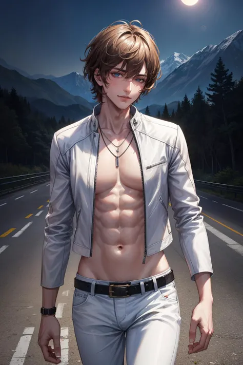 (masterpiece:1.5), (((top quality, best quality, high quality))), ((intricately detailed, ultra-detailed, insanely detailed)), highres, 32K, extremely detailed unity CG 8K wallpaper, (beautiful and aesthetic:1.2),, (depth of field:1.3), (immaculate:1.3), (professional delicate depiction:1.5), (illustration:1.4),
((brilliant full lighting, luscious colors)), (natural posture:1.3),
(upper body:1.37),
(1boy:1.4), (charismatic:1.4), (biker boy:1.5),
(((handsome, good-looking))), (smile:1.5), (very short hair:1.4), (shaggy hair:1.5),
(attractive masculine body:1.5), ((feminine body features and measurements)), (extremely pale skin:1.5), realistic skin, skin pores, (((toned belly, navel, groin:1.3))),
(all-white top:1.5), (white leather jacket:1.5), (white leather pants:1.5), (white belt:1.5), (sweaty clothes), (((low seam))), (necklace:1.4),
(walking on the sidewalk of a highway:1.5), (winding mountain road:1.5), (under the moonlight:1.5), (mountainous region:1.5), (surreal breathtaking scenery:1.5), (magnificent nighttime landscape:1.5), (intricate complex background:1.5), (bright brilliant backlighting:1.3), <lora:GoodHands-vanilla:1>, <lora:detail_slider_v4:1.5>, <lora:more_details:0.5>