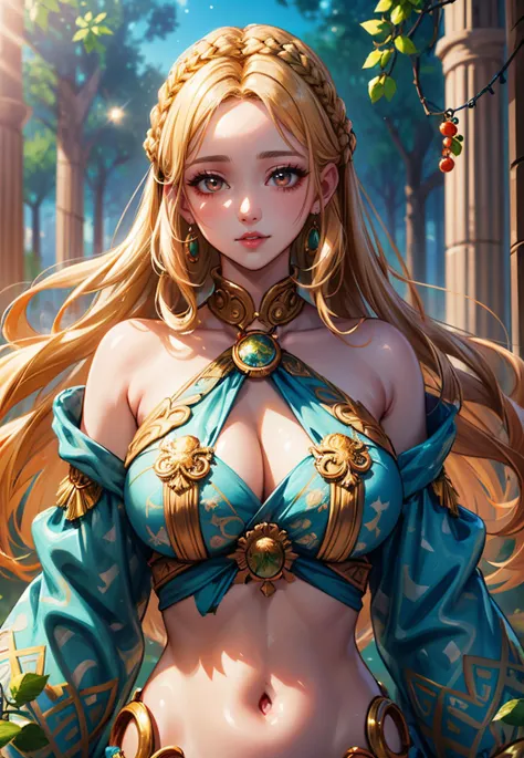 (Masterpiece) (Best quality) Un legendario y hermoso guerrero vikingo lleva un hacha impresionante y un gran escudo redondo. She is in an open-air temple in a clearing., Windy day. Ella es muy hermosa, algo musculoso, wearing runic tattoos all over his body. (((Only one woman in the imagen))) ((Big breasts))