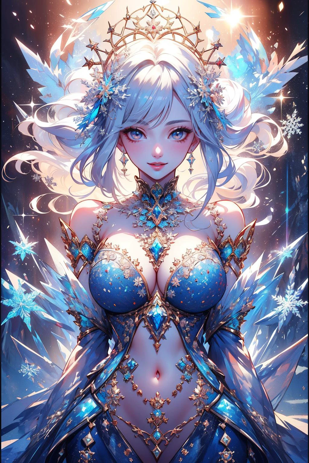 (((masterpiece, top quality, best quality, high quality))), ((intricately detailed, ultra-detailed, insanely detailed)), highres, 32K, extremely detailed unity CG 8K wallpaper, (beautiful and aesthetic:1.2), (depth of field), (immaculate), (delicate detailed depiction:1.4).
((brilliant full lighting, luscious vibrant colors)), (illustration of an otherworldly beautiful woman:1.4),
(upper body:1.4), (perfectly centered:1.4), (natural willowy posture:1.5), (((dynamic pose, cinematic angle))),
(1girl:1.5), (solo:1.4), (snow princess:1.4),
beautiful gorgeous face, [(detailed face:1.2):0.2], bright eyes, pureerosface_v1, ulzzang-6500-v1.1, (white lips:1.4), (full lips:1.4), (smile:1.5), (((curly hair))), (white hair:1.5),
attractive flawless body, (((pronounced feminine curves))), (very pale skin:1.5),, realistic skin, skin pores, (voluptuous:1.5), (((toned belly, navel, groin:1.3))), narrow waist,
(long silky dress:1.5), (fur-trimmed:1.5), (thick layered fabric:1.5), (detached flowing sleeves:1.4), (((bows, frills))), (pearl choker:1.4), (fabrication glitters:1.5), (luxury intricate clothing jewelries:1.5), (jeweled embroideries:1.4), (clothing sparkles:1.4), (sparkling particles:1.3), (snowflake patterns:1.5), (((sagging front seam, sagging hind seam))), (((earrings, brooch, hair ribbons, hair ornaments))), <lora:wrenchsfantasy:0.8>, wrenchsfantasy, 
(walking:1.5), (frozen tundra:1.5), (huge ice crystals:1.5), (frozen ocean with gigantic icebergs:1.3), surreal delicate background, volumetric full backlighting, intricate complex scene, <lora:detail_slider_v4:1.8>,