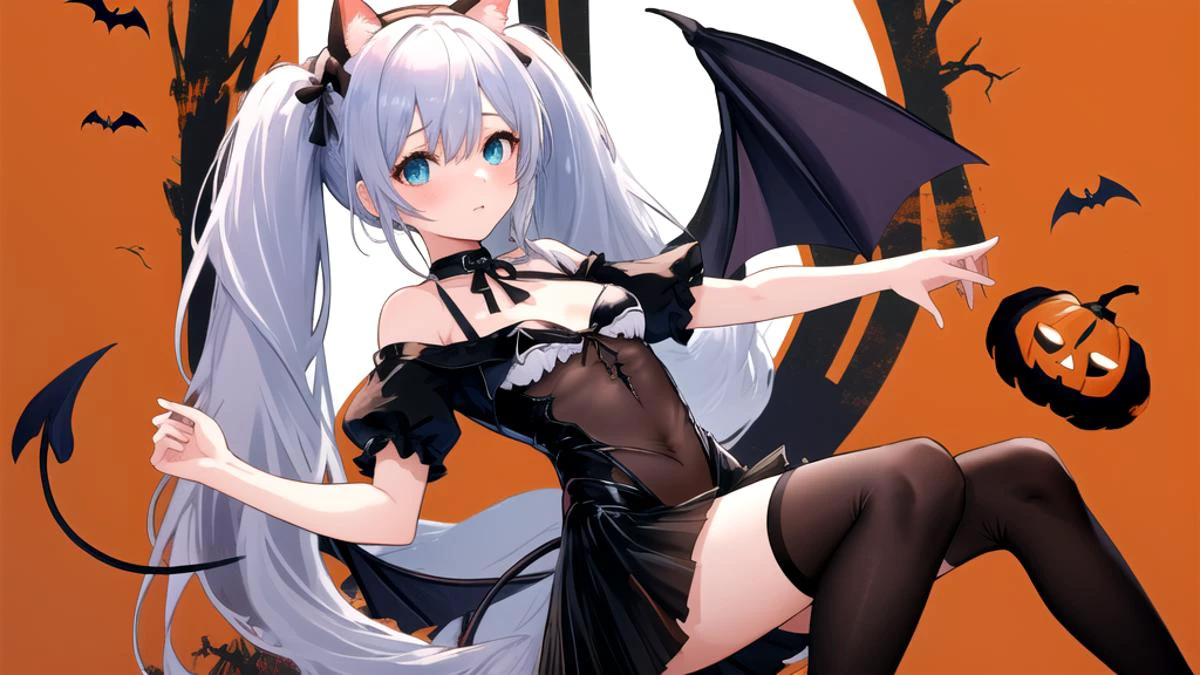 1girl,<lora:å°ä¸æµ·å°å¤©ä½¿janusNightgownMiniskirtSchoolUniformV1:0.8>,janus,very long hair,twintails,fake animal ears,black nightgown,miniskirt,short sleeves,bare shoulders,small_breasts,black thighhighs,demon wings,demon tail,halloween,official wallpaper,