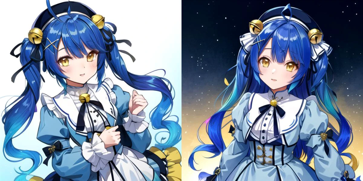 <lora:é¿åµåµamamya_nijisanji_v1:0.7>,masterpiece,best quality,exceptional,ultra-detailed,anime,1girl,amamya,blue very long hair,yellow eyes,hair bell,hat,x hair ornament,black beret,grey jacket,ahoge,long sleeves,two side up,puffy sleeves,blue jacket,juliet sleeves,multicolored gradient hair,full_shot,