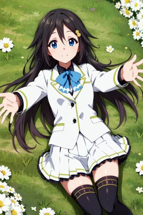 masterpiece, best quality, highres, kyoto animation, hmreina, long hair, hair ornament, hairclip, bowtie, school uniform, shirt, white jacket, long sleeves, white skirt, pleated skirt, black thighhighs, <lora:izumi_reina_v1:0.6>, field, flower, lying, from above, smile, outstretched arms, reaching out,