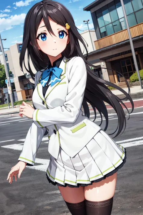 masterpiece, best quality, highres, hmreina, long hair, hair ornament, hairclip, bowtie, school uniform, shirt, white jacket, long sleeves, white skirt, pleated skirt, black thighhighs, <lora:izumi_reina_v1:0.6>, outdoors, standing, cowboy shot, kyoto animation,