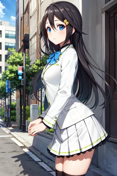 masterpiece, best quality, highres, kyoto animation, hmreina, long hair, hair ornament, hairclip, bowtie, school uniform, shirt, white jacket, long sleeves, white skirt, pleated skirt, black thighhighs, <lora:izumi_reina_v1:0.6>, from side, street