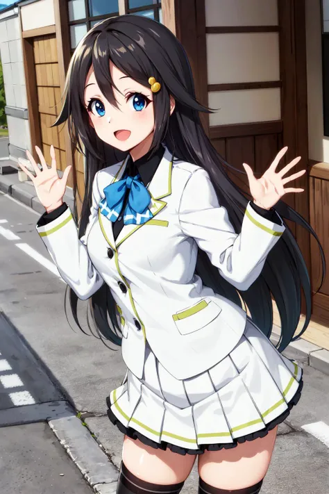 masterpiece, best quality, highres, hmreina, long hair, hair ornament, hairclip, bowtie, school uniform, shirt, white jacket, long sleeves, white skirt, pleated skirt, black thighhighs, <lora:izumi_reina_v1:0.6>, smile, waving, open mouth, cowboy shot, kyoto animation,