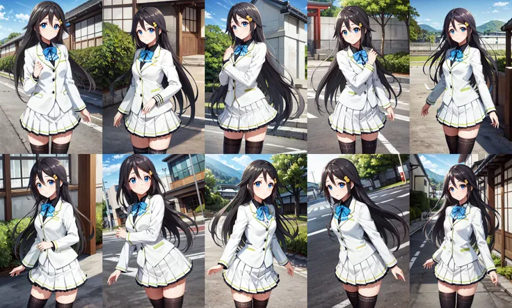 masterpiece, best quality, highres, hmreina, long hair, hair ornament, hairclip, bowtie, school uniform, shirt, white jacket, long sleeves, white skirt, pleated skirt, black thighhighs, <lora:izumi_reina_v1:0.6>, outdoors, standing, cowboy shot, kyoto animation,