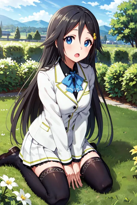 masterpiece, best quality, highres, kyoto animation, hmreina, long hair, hair ornament, hairclip, bowtie, school uniform, shirt, white jacket, long sleeves, white skirt, pleated skirt, black thighhighs, <lora:izumi_reina_v1:0.6>, wariza, garden, flower, :o