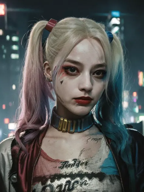 Create a highly detailed and realistic image of Harley Quinn as portrayed by Margot Robbie in "Suicide Squad." She should look beautiful and charismatic, with her signature blonde hair dyed with pink and blue tips. She is wearing a white transparent t-shirt through which her breasts are subtly visible, featuring the text "hahaha" printed on it. The setting is a post-apocalyptic world infested with zombies. The scene should depict a city in ruins, with many spent ammunition cartridges scattered across the streets, indicating recent and intense battles. The atmosphere should be dark, gritty, and tense, with an overall feeling of danger and chaos.
