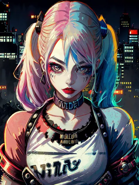 A girl ,harley quinn  ,background is night ,cyberpunk, portrait  <lora:HarleyQuinnV2:.8>, masterpiece, best quality,