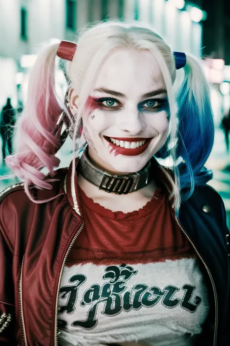 RAW photo, a portrait photo of 25 y.o woman, harleyquinn, crazy smile, red leather jacket, fishnet, shorts, night, city street, (high detailed skin:1.2), 8k uhd, dslr, soft lighting, high quality, film grain, Fujifilm XT3 <lora:HarleyQuinnV2:1>