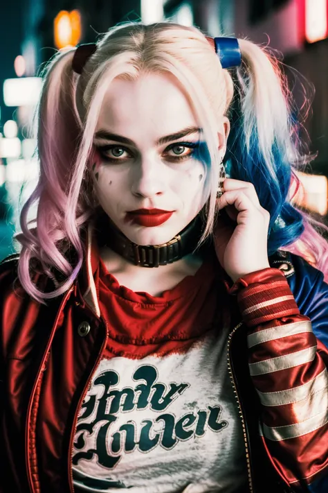 RAW photo, a portrait photo of 25 y.o woman, harleyquinn, red leather jacket, night, city street, (high detailed skin:1.2), 8k uhd, dslr, soft lighting, high quality, film grain, Fujifilm XT3 <lora:HarleyQuinnV2:1>
