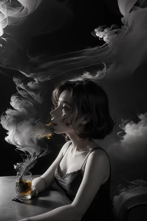 <lora:more_details:0.8>, ((best quality)), ((masterpiece)), (detailed), two girls, seated close, dimly lit smoky bar, ambient lighting, (heavy smoke:1.5), hazy atmosphere, (whiskey on table:1.2), (film noir mood:1.4), in the style of Edward Hopper, (retro:1.1), (mysterious:1.2), cinematic, angle from above, soft focus, (shadows:1.3), play of light and dark, strong contrast. <lora:Smoky:0.8> <lora:npmathilda:0.4>, yuri, kiss,