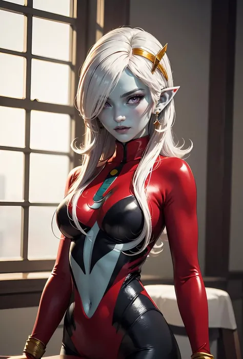 (masterpiece, best quality), 1girl, <lora:DBX_Towa_v2:0.8> towa, 1girl, solo, purple eyes, white hair, long hair, hair over one eye, parted bangs, hair ornament, jewelry, earrings, pointy ears, colored skin, blue skin,, red bodysuit, turtleneck, center opening, clothing cutout, skin tight, long sleeves, underboob,