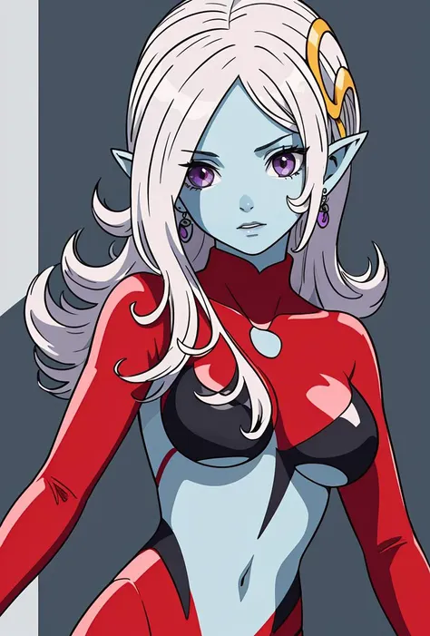 (masterpiece, best quality), 1girl, <lora:DBX_Towa_v2:0.8> towa, 1girl, solo, purple eyes, white hair, long hair, hair over one eye, parted bangs, hair ornament, jewelry, earrings, pointy ears, colored skin, blue skin,, red bodysuit, turtleneck, center opening, clothing cutout, skin tight, long sleeves, underboob,