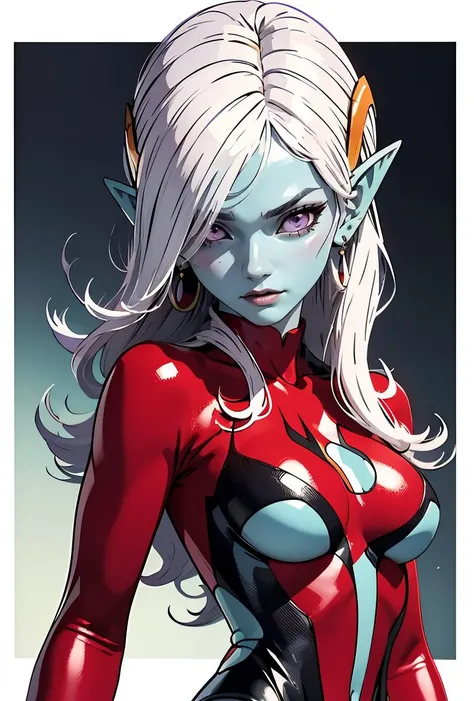 (masterpiece, best quality), 1girl, <lora:DBX_Towa_v2:0.8> towa, 1girl, solo, purple eyes, white hair, long hair, hair over one eye, parted bangs, hair ornament, jewelry, earrings, pointy ears, colored skin, blue skin,, red bodysuit, turtleneck, center opening, clothing cutout, skin tight, long sleeves, underboob,