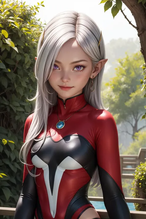 towa, 1girl, solo, purple eyes, white hair, long hair, hair over one eye, parted bangs, hair ornament, jewelry, earrings, pointy ears, colored skin, blue skin,
bodysuit, underboob, turtleneck, center opening, clothing cutout, skin tight, long sleeves,
smile,closed mouth,cowboy shot,upper body,
forest,outdoor,
(insanely detailed, beautiful detailed face, masterpiece, best quality) cinematic lighting,<lora:DBX_Towa_v2:1>, <lora:more_details:0.3>,