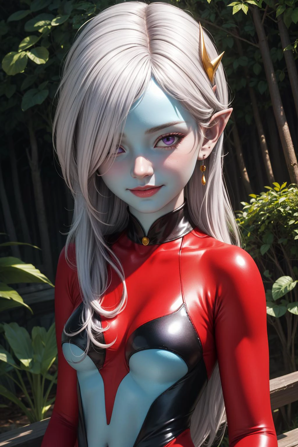 towa, 1girl, solo, purple eyes, white hair, long hair, hair over one eye, parted bangs, hair ornament, jewelry, earrings, pointy ears, colored skin, (blue skin:1.3),
red bodysuit, turtleneck, center opening, clothing cutout, skin tight, long sleeves, underboob,
smile,closed mouth,cowboy shot,upper body,
forest,outdoor,
(insanely detailed, beautiful detailed face, masterpiece, best quality) cinematic lighting,<lora:DBX_Towa_v2:1>, <lora:more_details:0.3>,